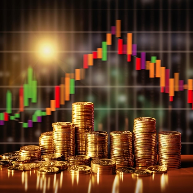 Un primer plano de una pila de monedas con un gráfico en el fondo