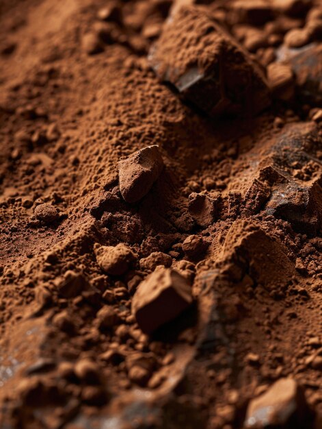 Foto un primer plano de una pila de polvo de chocolate concepto de calor y comodidad ya que el rico color marrón del polvo de chocolates recuerda a una acogedora atmósfera casera