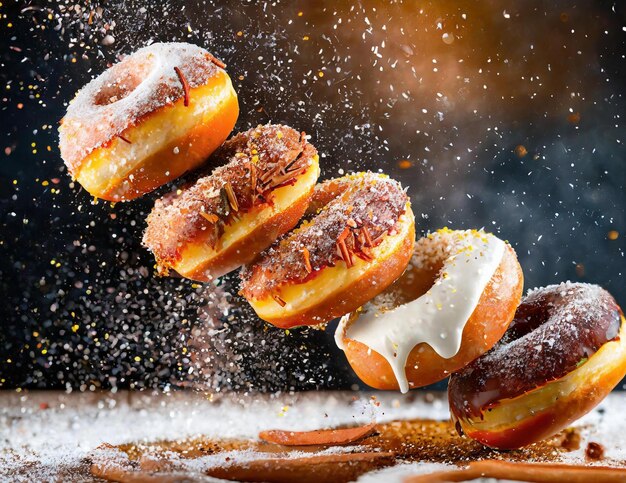 Foto un primer plano de una pila de rosquillas con azúcar en polvo en la parte superior