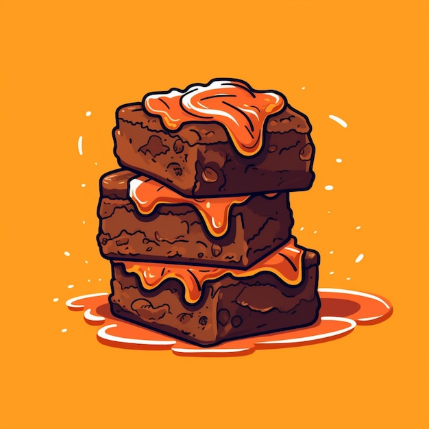 Foto un primer plano de una pila de tres brownies con caramelo derretido generativo ai