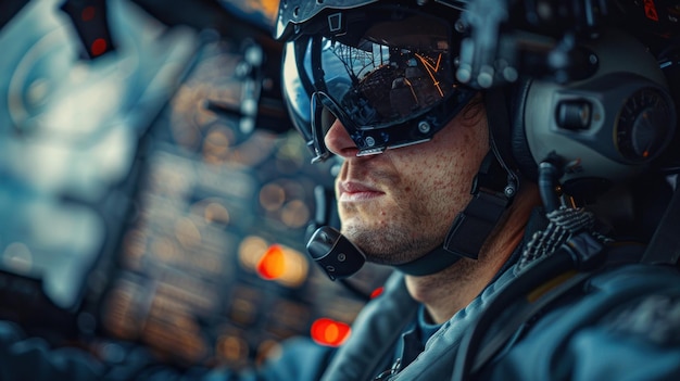 Un primer plano de un piloto masculino con casco y gafas de visión nocturna sentado en una cabina