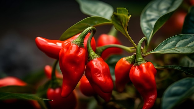 Un primer plano de pimientos rojos en una planta