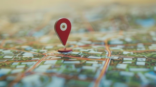 Un primer plano de un pin de ubicación rojo moderno colocado en un mapa detallado de la ciudad que representa una ubicación o destino específico IA generativa