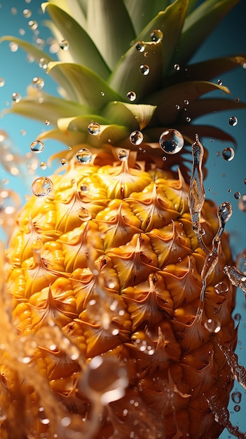 Un primer plano de una piña de frutas frescas bajo el agua con burbujas de aire