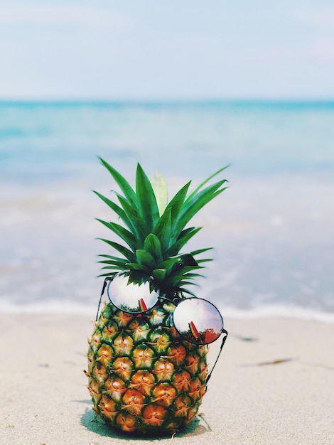 Primer plano de una piña en la playa contra el mar
