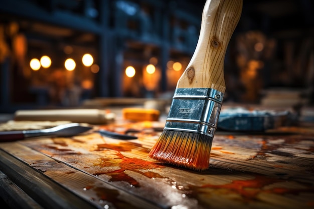 Foto primer plano de un pincel aplicando pintura o barniz en una tabla de madera