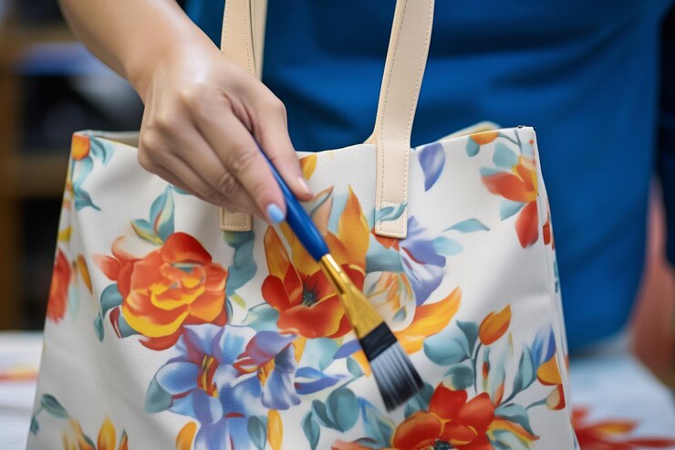 Un primer plano de un pincel aplicando pintura de tela a una bolsa de equipaje