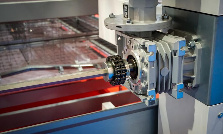 Foto primer plano de piñones de accionamiento y cadenas de rodillos de accionamiento industriales en la línea de máquinas de producción sin tensores de protección de seguridad en el motor tecnología industrial concepto de negocio de trabajo en equipo horizontal