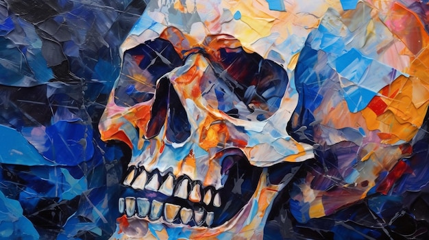 un primer plano de una pintura de una calavera con la cara rota ai generativo