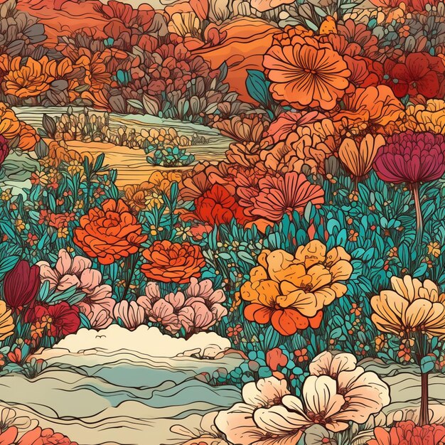 un primer plano de una pintura de un campo de flores generativo ai
