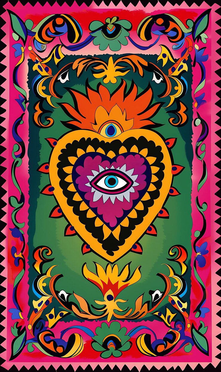 un primer plano de una pintura colorida de un corazón con un ojo