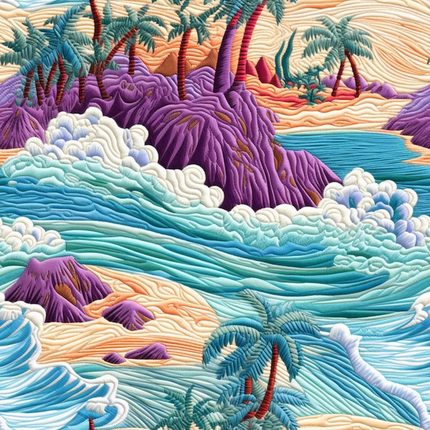 un primer plano de una pintura colorida de una playa con palmeras ai generativo