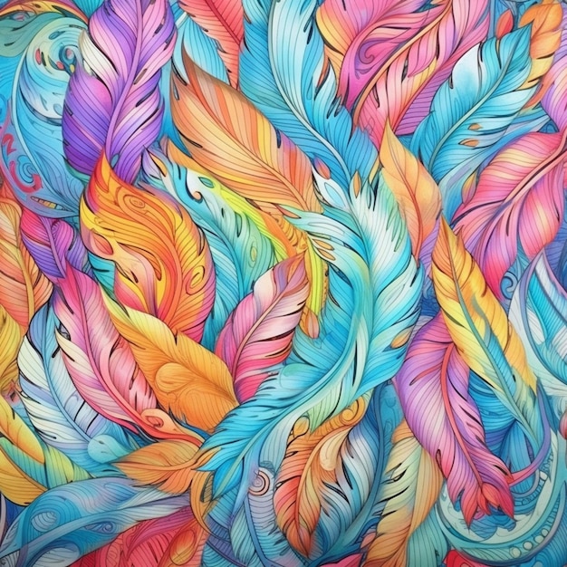 un primer plano de una pintura colorida de plumas en un fondo azul