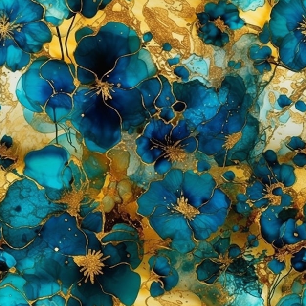 Un primer plano de una pintura de flores azules en un fondo amarillo