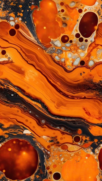 Un primer plano de una pintura de un líquido con pintura naranja y negra.