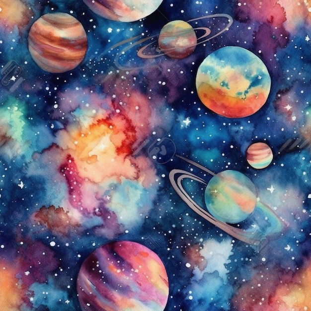 un primer plano de una pintura de planetas y estrellas generativa ai