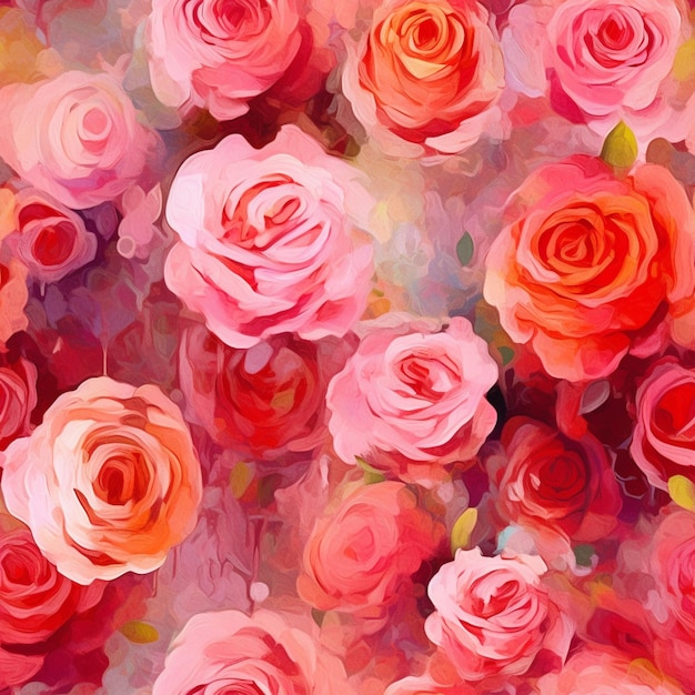 Un primer plano de una pintura de un ramo de rosas rosas generativas ai