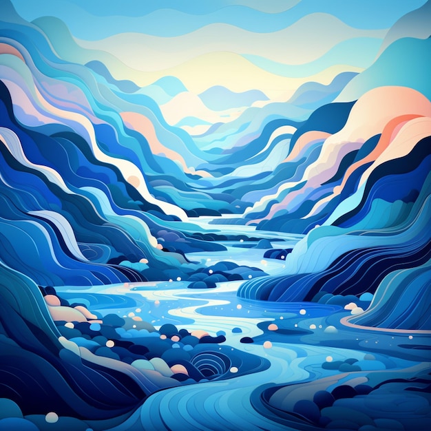 un primer plano de una pintura de un río con montañas en el fondo