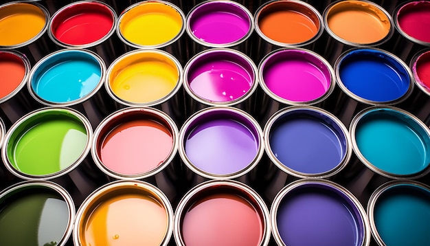 Primer plano de pinturas coloridas en latas