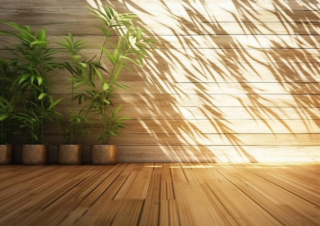 Un primer plano de un piso de madera con tres plantas en maceta generativas ai