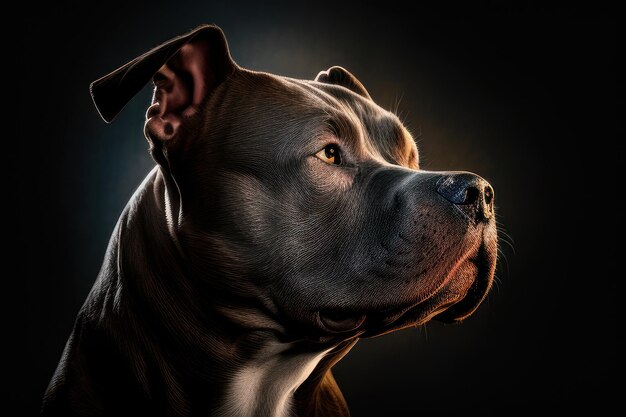 primer plano de pitbull con iluminación de fondo