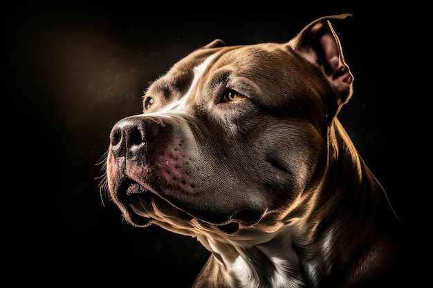 primer plano de pitbull con iluminación de fondo