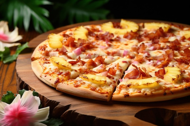 Un primer plano de una pizza hawaiana con rebanadas de pollo a la parrilla