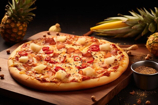 Un primer plano de una pizza hawaiana con rebanadas de pollo a la parrilla