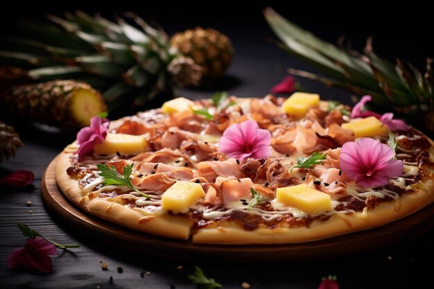 Foto un primer plano de una pizza hawaiana con rebanadas de pollo a la parrilla