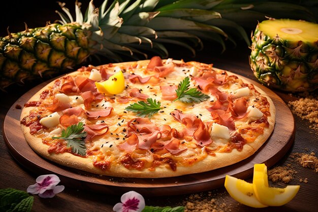 Un primer plano de una pizza hawaiana con rebanadas de pollo a la parrilla