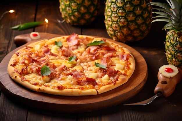 Un primer plano de una pizza hawaiana con rebanadas de pollo a la parrilla