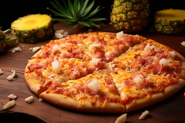 Un primer plano de una pizza hawaiana con rebanadas de pollo a la parrilla