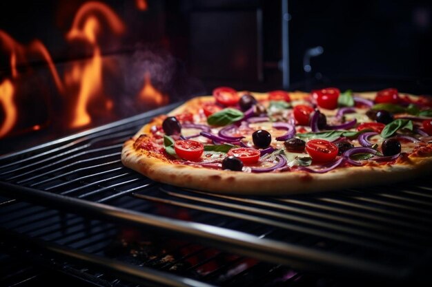 Un primer plano de una pizza horneada en una bandeja de metal dentro del horno