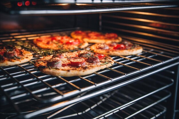 Un primer plano de una pizza horneada en una pantalla de metal dentro del horno