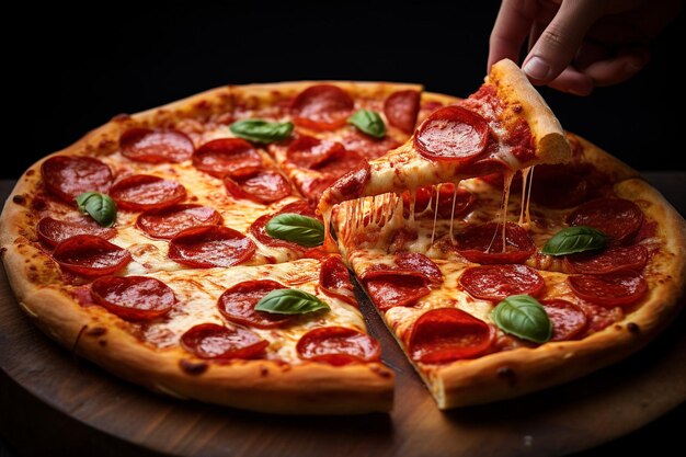 Primer plano de una pizza de pepperoni con un aspecto clásico