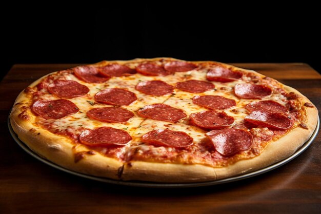Primer plano de una pizza de pepperoni con un aspecto clásico
