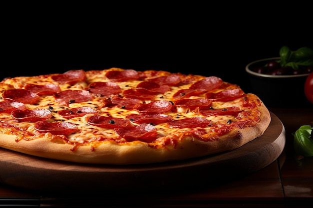 Un primer plano de una pizza de pepperoni con un enfoque selectivo en los ingredientes