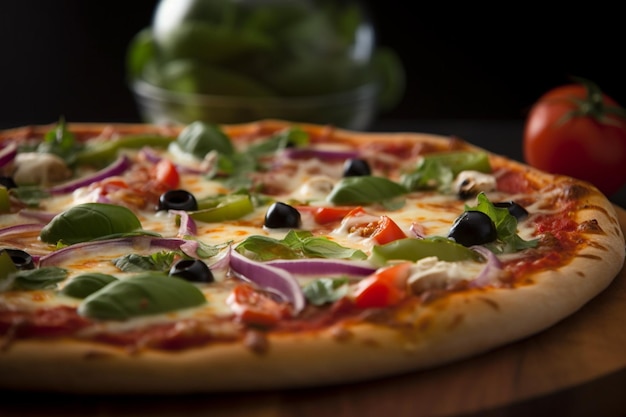 Un primer plano de una pizza vegetariana que muestra sus deliciosos ingredientes