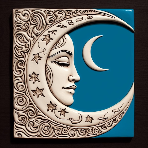 Un primer plano de una placa de cerámica con la cara de una mujer en una media luna generativa ai