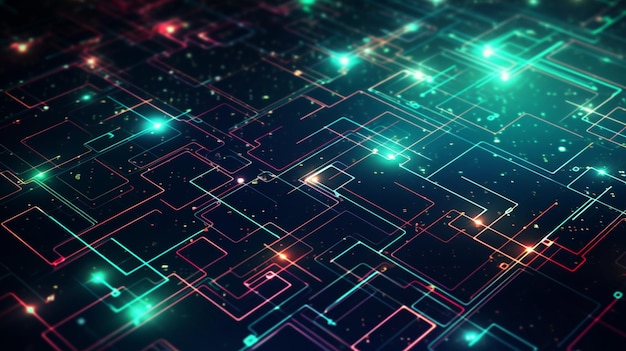 Un primer plano de una placa de circuito de computadora con muchas luces brillantes ai generativo