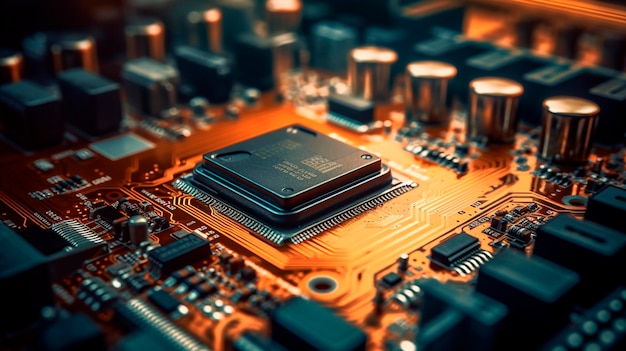 Primer plano de una placa de circuito eléctrico con una CPU, un microchip y otros componentes electrónicos en segundo plano IA generativa