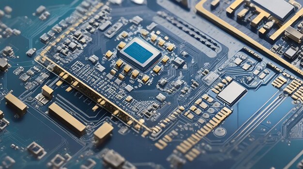 Primer plano de la placa de circuito electrónico con CPU microchip componentes electrónicos de fondo