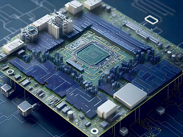 Primer plano de la placa de circuito electrónico con fondo de componentes electrónicos de microchip de CPU