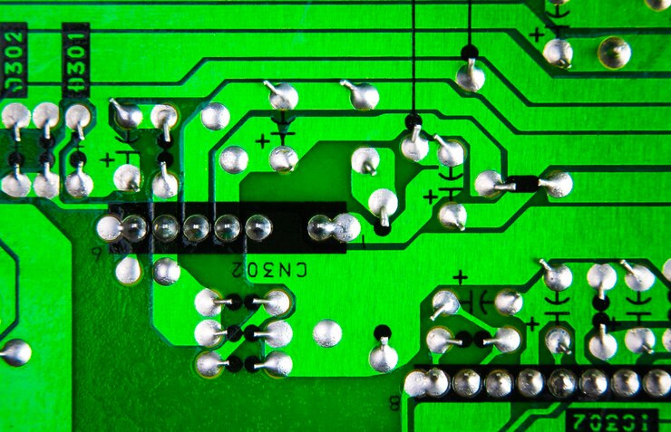 Foto primer plano de una placa de circuito electrónico verde con el concepto de pieza electrónica de soldadura de pasador estándar de la industria