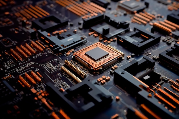 Un primer plano de una placa de circuito revela el minúsculo chip de computadora en su núcleo IA generativa