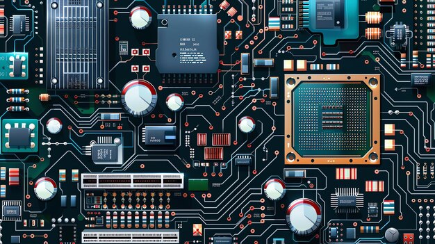 Foto un primer plano de una placa de circuitos de computadora con una variedad de componentes electrónicos, incluida una unidad central de procesamiento, chips de memoria de cpu y condensador