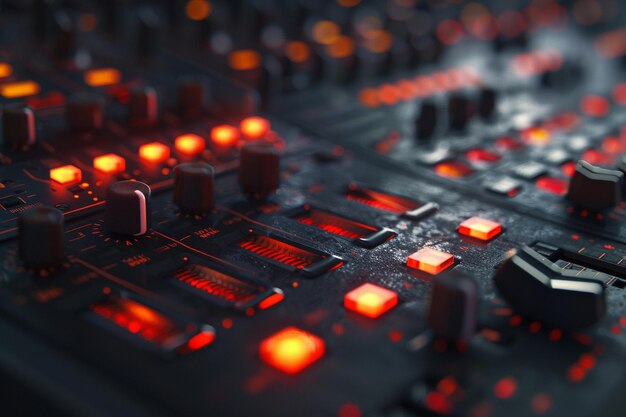 un primer plano de una placa de sonido con las luces encendidas
