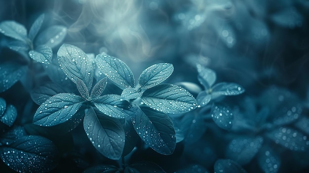 un primer plano de una planta azul con gotas de agua en ella