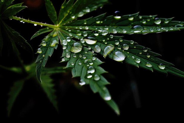 Primer plano de una planta de cannabis con gotas de agua en su follaje