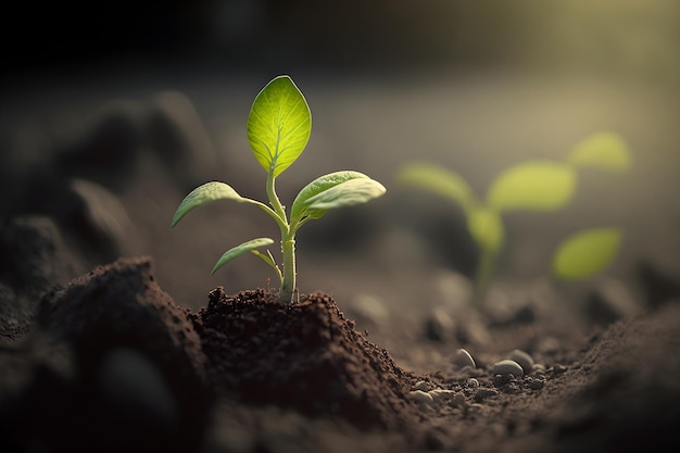 Un primer plano de una planta está creciendo con una hoja verde sobre ella